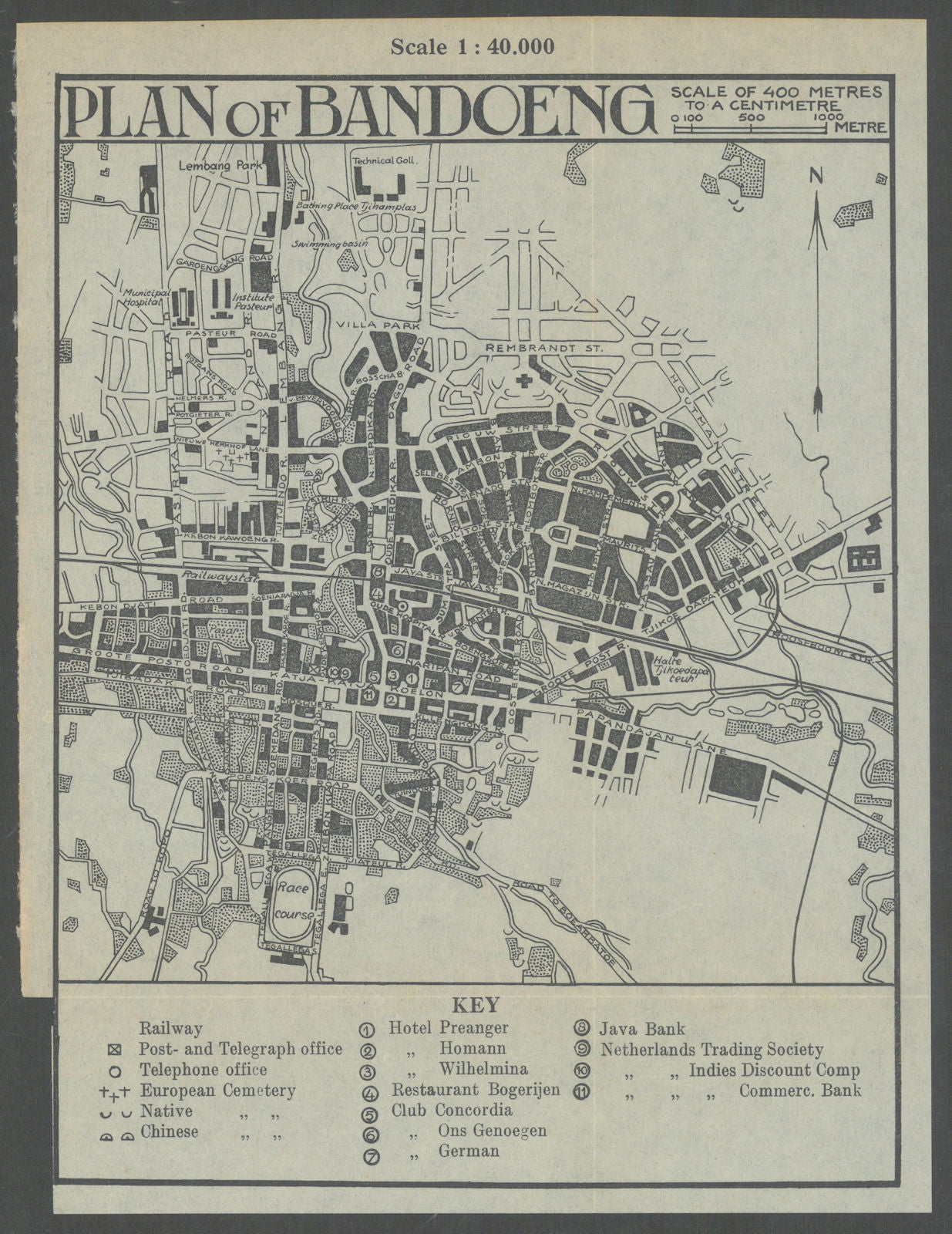 Plan of Bandoeng. Bandung city plan, Java, Indonesia. VAN STOCKUM 1930 old map